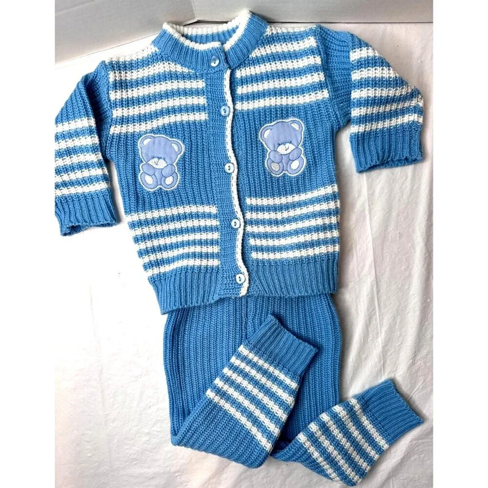 Mac Henry Sweater Outfit Boy Set Blue Stripes Teddy Bears Cardigan Top 12M Vtg - Picture 1 of 10